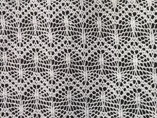 Macro Texture of White Crochet Lace Fabric - Detailed Geometric Openwork Pattern of Handcrafted Needlework Mesh Against a Black Background