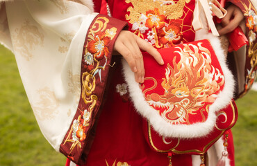 Traditional Chinese clothing at the fair. Lunar New Year parade, Asian community. Festive atmosphere, cultural diversity. Ideal for travel, culture, festival promotion and editorial design