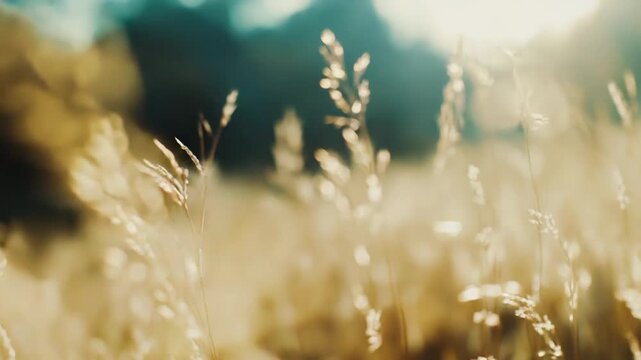 Golden grass stalks reflecting warm sunlight, creating a soft, hazy background with bokeh circles, capturing the tranquil essence of a peaceful summer or autumn day in nature