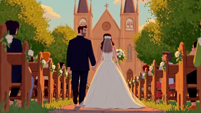 Bride and Groom Couple on the church aisle Newlywed Commitment Ceremony romantic Devotion Celebration Spiritual Union Cartoon