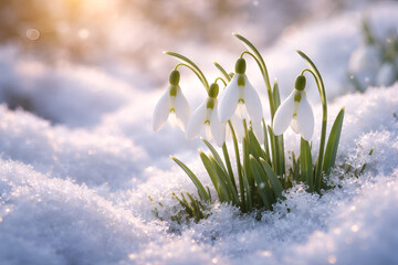 Snowdrop Flowers in Snow, Springtime Blossoms