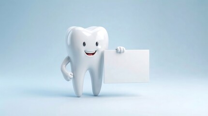Smiling 3D tooth mascot holding a blank board on a light blue background