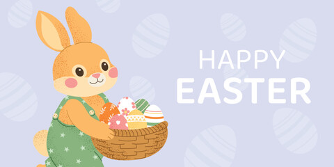 Cute Easter banner with bunny holding basket of decorated eggs. Happy Easter greeting illustration for spring holiday. Flat vector illustration isolated on light background.
