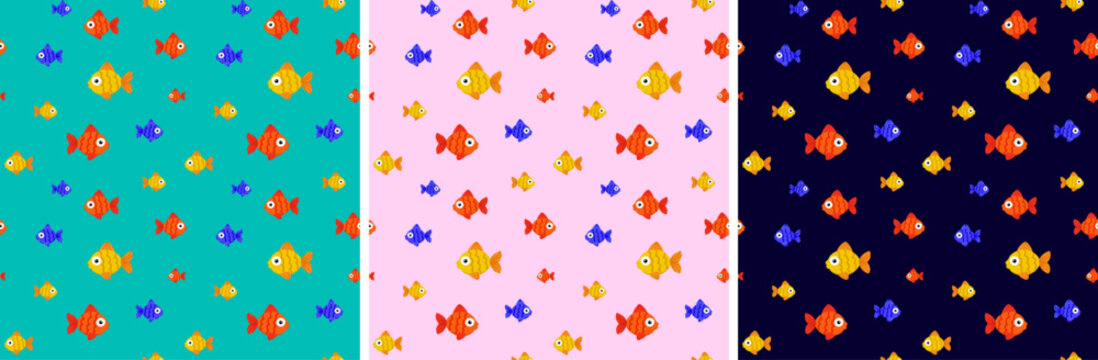 seamless fish pattern set with colorful goldfishes on blue pink and dark background cute sea animal vector illustration