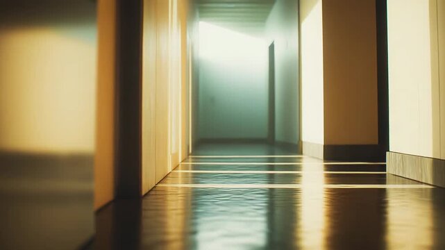 Empty polished corridor with reflective floor and soft shadows, leading perspective toward a bright, undefined destination, evoking solitude, transition and quiet hope