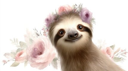 Obraz premium Smiling Sloth with Floral Crown in Watercolor Style