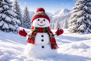 Obraz premium Happy Snowman in Winter Wonderland Landscape