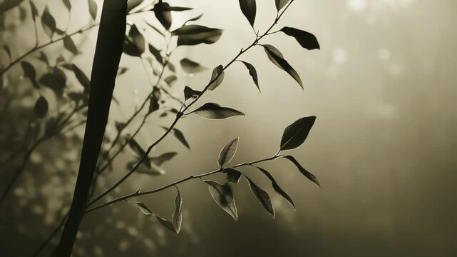 Branches with delicate leaves catching warm morning light, creating a serene and ethereal atmosphere with soft bokeh and ample copy space on the right