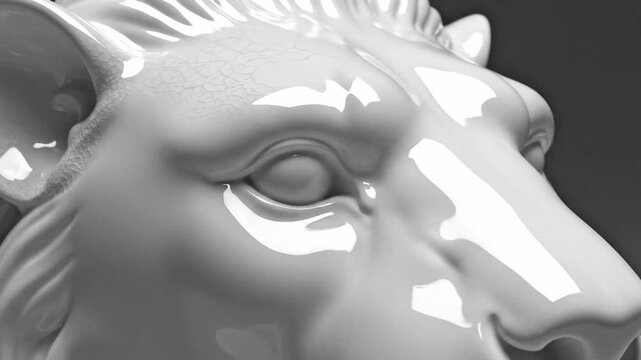 Close up of a highly detailed three dimensional rendered white ceramic lion head sculpture showcasing intricate texture and reflective surface qualities in studio lighting