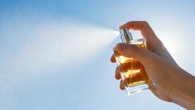 Hand spraying perfume from glass bottle into clear blue sky with sun shining through for fragrance and beauty concept