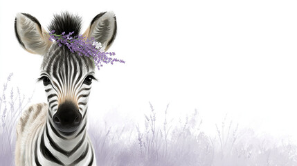 Fototapeta premium Zebra with Purple Flower Crown in Soft Pastel Landscape