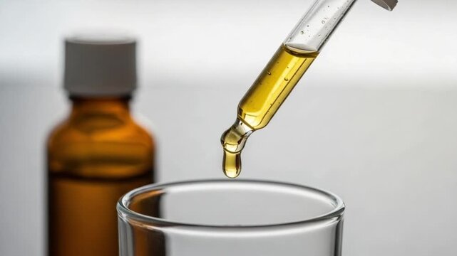 A dropper with yellow liquid is above a glass cup with a brown bottle in the background on a white surface