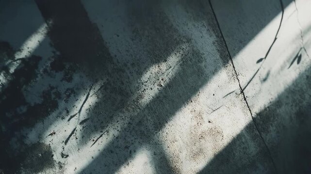 Concrete wall surface featuring strong diagonal shadow stripes and scattered debris, illustrating contrast between rough texture and bright illumination in an abstract background