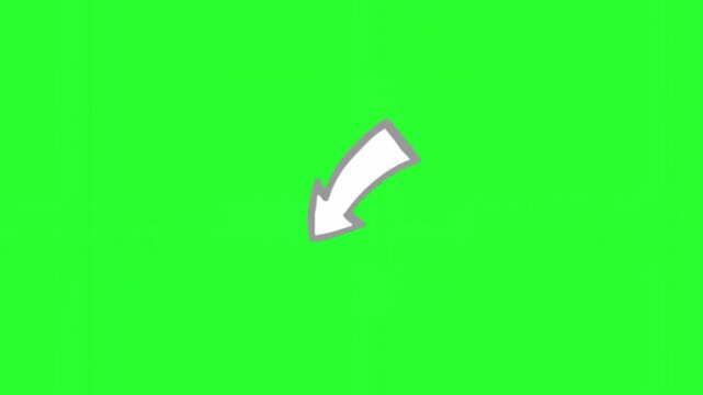 White brush-stroke arrow pointing diagonally downwards on a green screen background