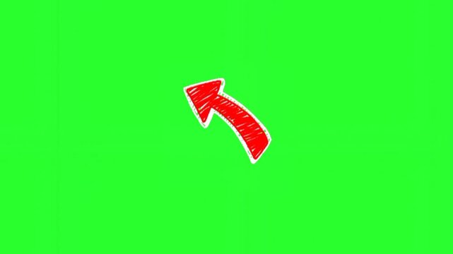 Hand-drawn red arrow animation pointing up and growing on a green screen background