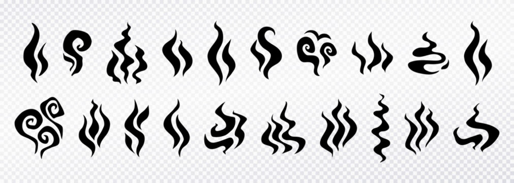 Set of black silhouettes smoke and steam wisps isolated on transparent background. Smell steam illustrations