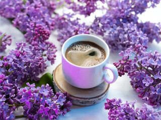 White cup of fresh coffee on a wooden stand and blooming branches of purple lilac on a white table . Morning coffee