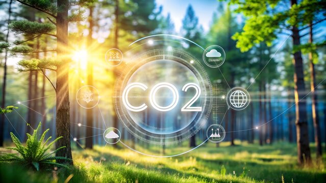 Monitoring CO2 emissions and analyzing environmental data. Concepts of ecology and climate change against a backdrop of green nature.