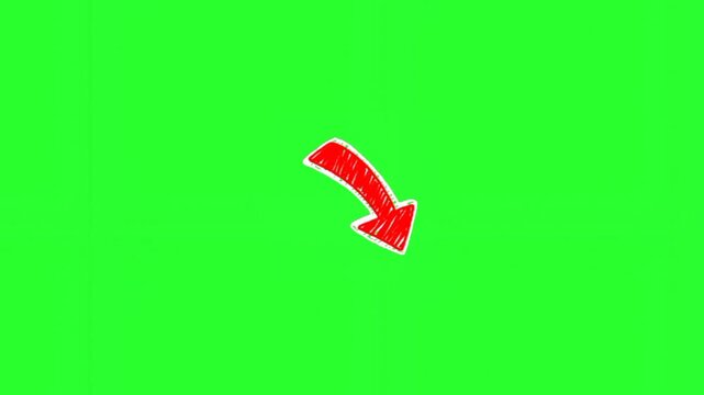 Hand-drawn red arrow animation pointing up and growing on a green screen background