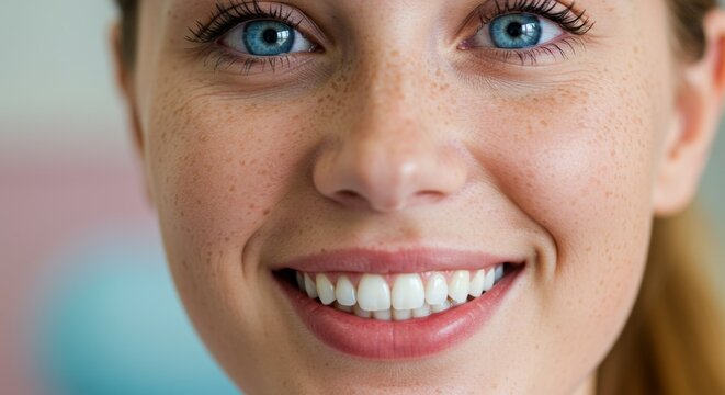 Detailed close up of a woman showing her blue eyes and beautiful smile with perfect white teeth. Dentist and dental care concept.