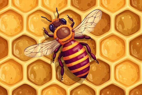 Honey bee on honeycomb working during sunny afternoon in garden