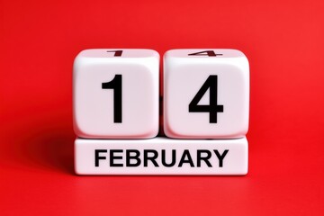 February 14 calendar blocks on red background celebrating valentine's day
