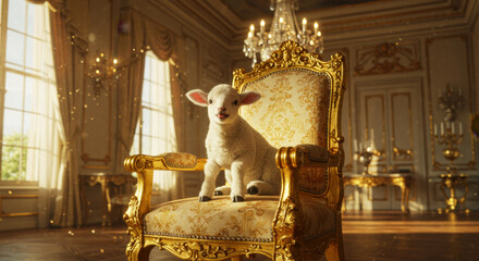 Cute lamb sitting on a royal golden armchair. Adorable baby sheep in a luxurious, opulent room. Concept of innocence, wealth, and elegance.