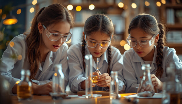 Three young girls in lab coats and goggles conducting a science experiment with beakers and test tubes