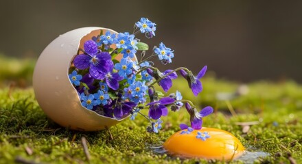 A surreal Easter composition with forget-me-nots and violets spilling out of a broken eggshell onto moss. AI generated.
