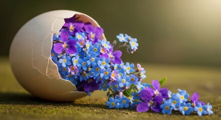 A surreal Easter composition with forget-me-nots and violets spilling out of a broken eggshell onto moss. AI generated.

