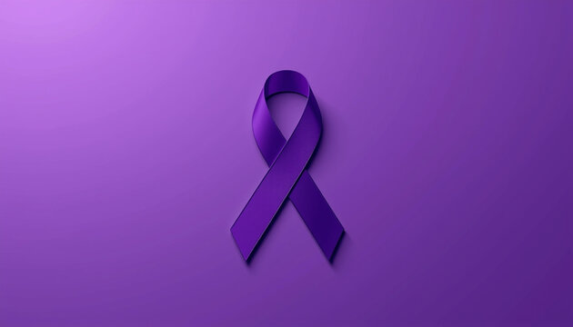 A purple awareness ribbon on a solid purple background for cancer support and fundraising