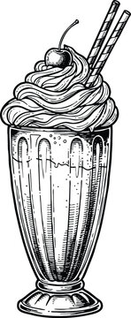 Engraving art vintage hand drawn milkshake with whipped cream, cherry, and wafer sticks vector