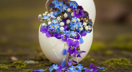 A surreal Easter composition with forget-me-nots and violets spilling out of a broken eggshell onto moss. AI generated.

