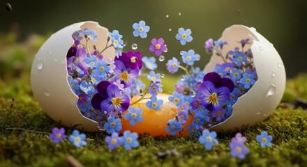 A surreal Easter composition with forget-me-nots and violets spilling out of a broken eggshell onto moss. AI generated.

