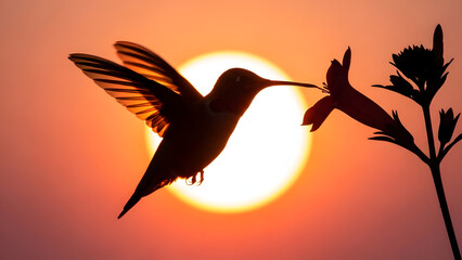 Obraz premium Silhouette of a hummingbird hovering in midair with wings beating rapidly while feeding from a tall flower against a brilliant setting sun backdrop
