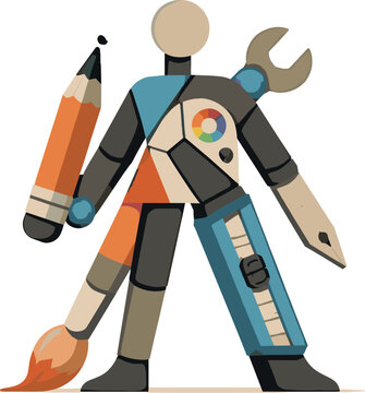 Abstract geometric figure partially merges with tool shapes becoming mechanical silhouette suggesting internalized constraint