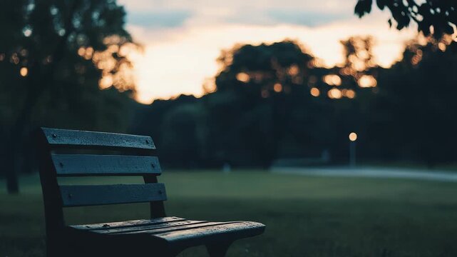 Empty wooden park bench creating a sense of solitude and peace, reflecting on relaxation and loneliness during tranquil twilight hours in a natural outdoor setting