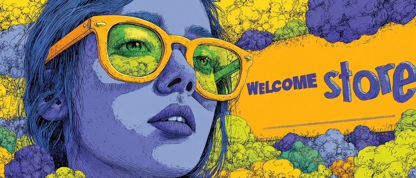 Vibrant Pop Art Portrait of Woman with Yellow Glasses and Colorful Background in Welcome Store