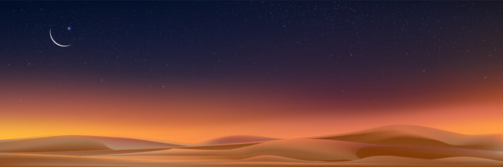 Crescent moon on twilight sky with starry over desert sand dune.Vector backaground Religiuous Islam with space for text Ramadan Kareem,Eid Mubarak,Eid al-Adha,Eid al-Fitr © Anchalee