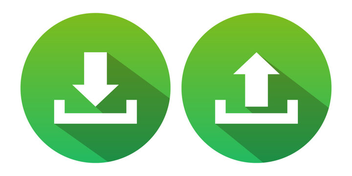 Download and upload icons. Vector green icon isolated on white background.