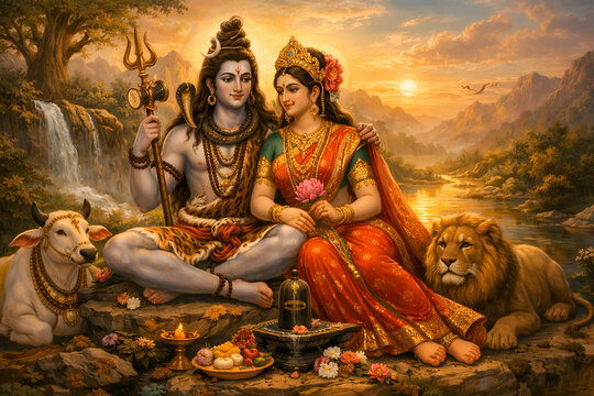 Shiva Parvati painting, Hindu God couple with Nandi and Lion