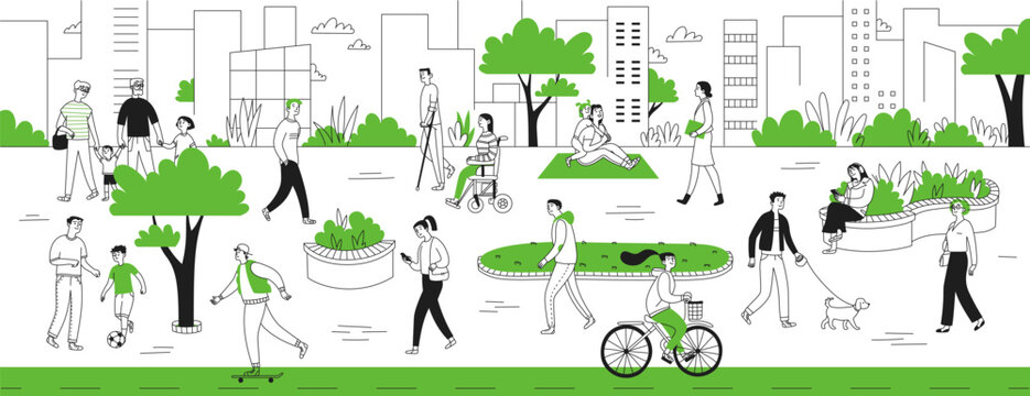 Doodle people in an eco-urban park landscape. A diversity of adults and children, men and women, and pets. Bike path, plants. Vector linear illustration