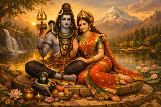 Shiva Parvati Painting, Hindu Gods, Indian Religious Art, Spirituality