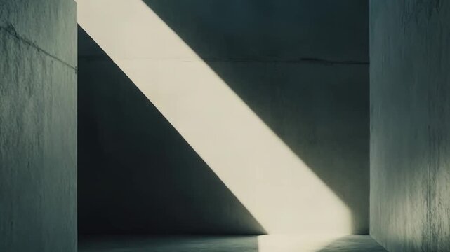 Architectural scene showing a narrow ray of sunlight piercing through an opening, casting dramatic shadows and bright light onto the textured walls and concrete floor of a modern, uncluttered space