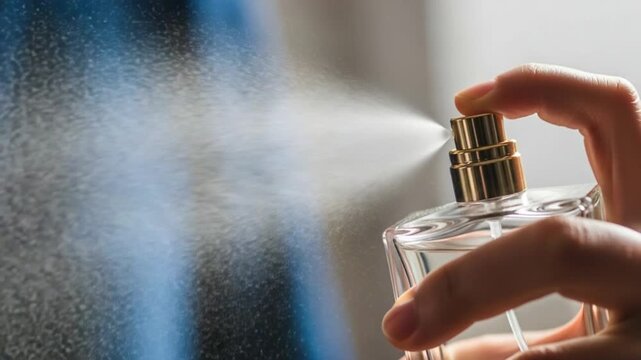 Hand holding perfume bottle spraying fragrance mist into air