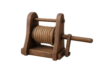 Wooden windlass winding rope isolated on transparent background