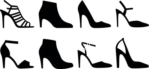 Obraz premium Collection of eight black silhouette fashion footwear icons isolated on transparent background