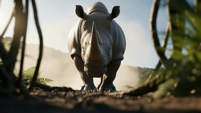 Close-up of a rhinoceros walking towards the camera in a natural habitat with trees and plants in the background
