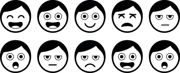 Diverse set of stylized facial expression icons showing various emotions isolated on a transparent background
