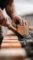Mason laying brick wall with trowel, carefully applying mortar, demonstrating skilled craftsmanship and the construction process of a new building